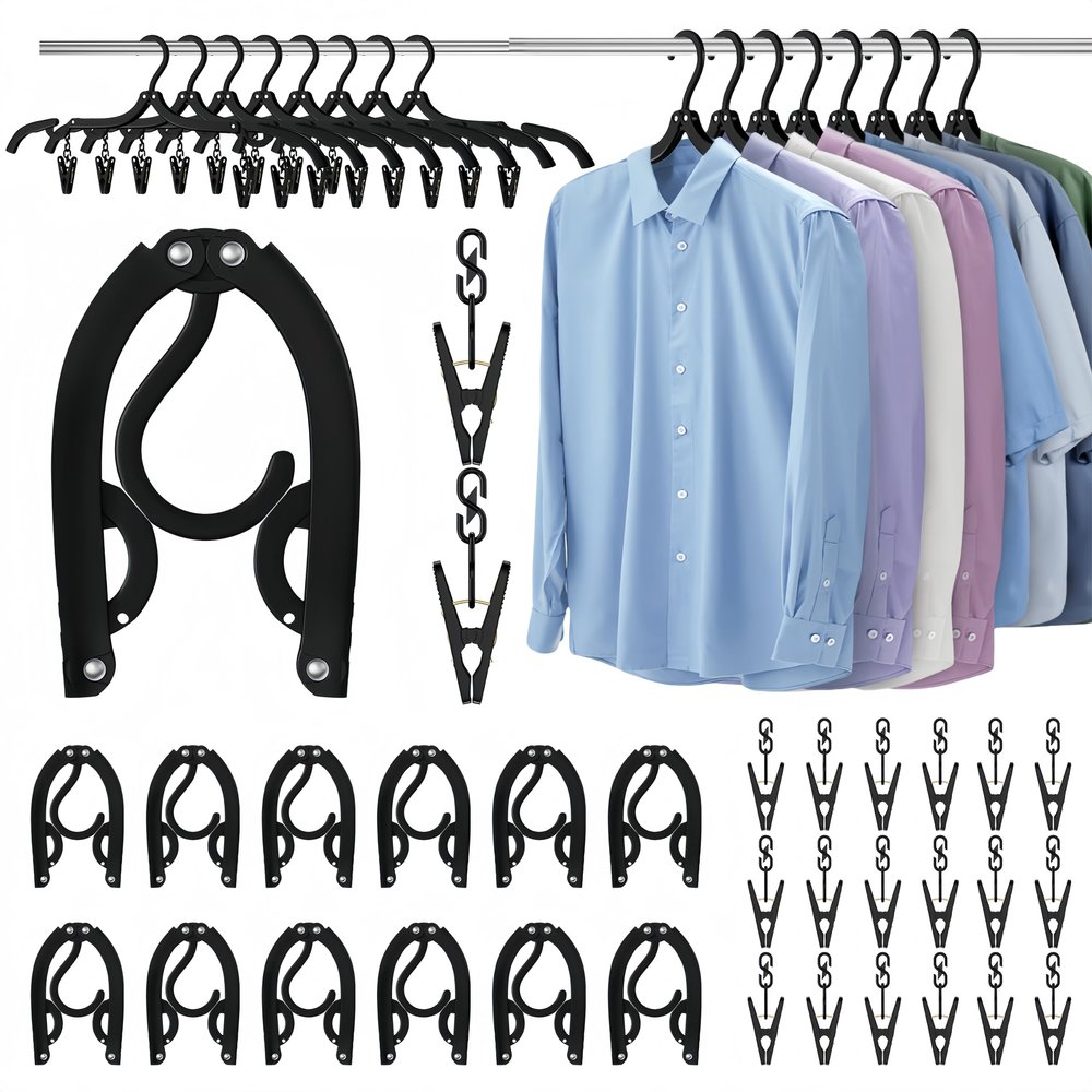 12Pcs Portable Travel Hangers for Cruise Ship Essentials 2026 with 24 Clips, Plastic Folding Foldable Hangers Clothes Drying Rack Travel Accessories for Suitcase, RV, Camping, Road Trip (Black)