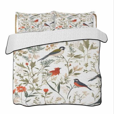 RisQiten Twin Quilt Bedding Set, Pastoral Botanical Reversible Summer Quilt 3 Pieces, Summer Birds Spring Floral Lightweight Bedspreads Coverlets with 2 Pillow Shams for All Seasons