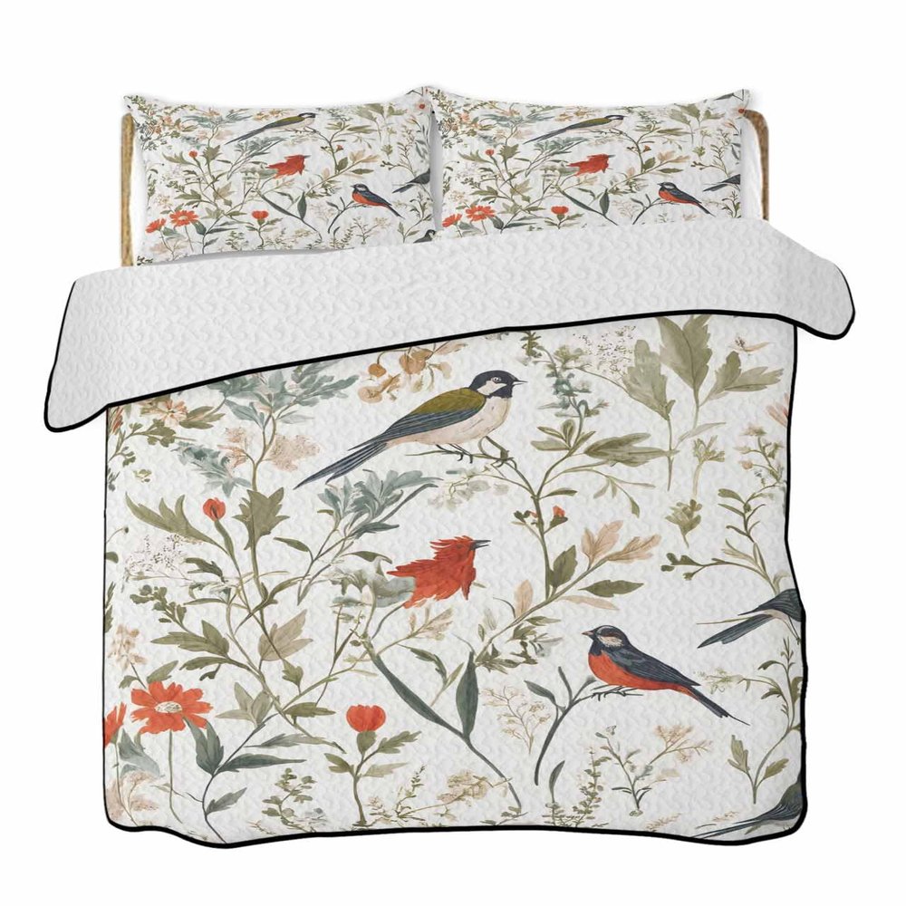 RisQiten Twin Quilt Bedding Set, Pastoral Botanical Reversible Summer Quilt 3 Pieces, Summer Birds Spring Floral Lightweight Bedspreads Coverlets with 2 Pillow Shams for All Seasons