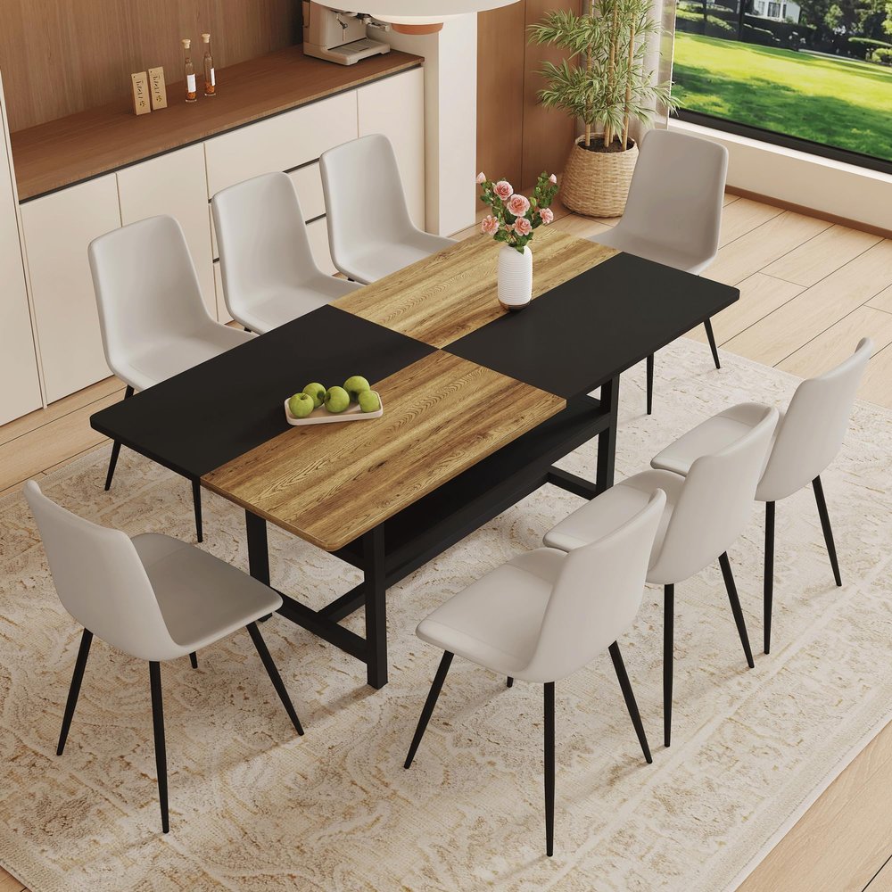 CTPNMCIN Dinner Table Set for 8, 71" Farmhouse Dining Table Set with 8 Upholstered Chairs, Black and Wood Splicing Tabletop with Storage Shelf, Wood Dining Table Set Ideal for Kitchen, Dining Room