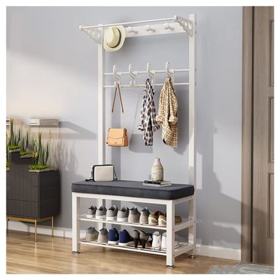 BYOXTFJ24FW 3-in-1 Hall Tree Coat Rack with Shoe Stool with Storage and Hooks for Home Bedroom Laundry Small Place Entryway (Color : White Gray, size : 100x33x172cm)