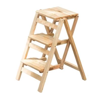 Step Ladder 3 Step Ladder Stool, Foldable Solid Wood Ladder, Portable Lightweight Stepladder with Anti-Slip Wide Pedal, Wide Step Stool for Library Office Home 330lbs Folding Step Stool(Wood)