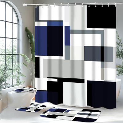 4 Pcs Navy Blue Geometric Bathroom Sets with Shower Curtain Set and Non-Slip Rugs for Bathroom, Navy Blue Black White Checkered Modern Bathroom Shower Curtain Sets with Rugs and Accessories