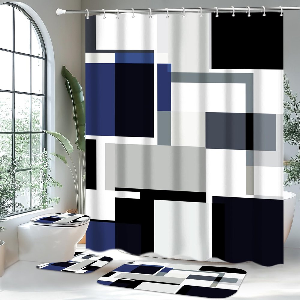 4 Pcs Navy Blue Geometric Bathroom Sets with Shower Curtain Set and Non-Slip Rugs for Bathroom, Navy Blue Black White Checkered Modern Bathroom Shower Curtain Sets with Rugs and Accessories