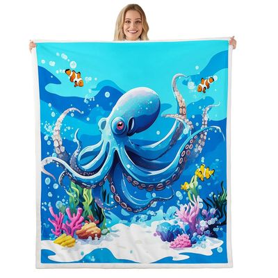 jejeloiu Cartoon Octopus Fleece Throw Blanket Kids Boys Girls Twin 60"x80" Underwater World Sherpa Blanket Plush Fuzzy Ultra Soft Tentacles for Bed Couch Chair Living Room Sealife Sea Animal