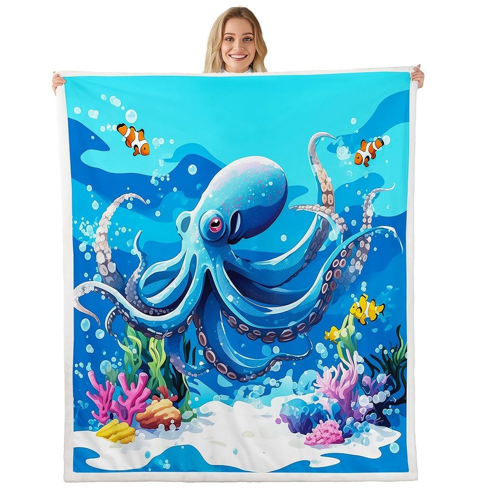 jejeloiu Cartoon Octopus Fleece Throw Blanket Kids Boys Girls Twin 60"x80" Underwater World Sherpa Blanket Plush Fuzzy Ultra Soft Tentacles for Bed Couch Chair Living Room Sealife Sea Animal