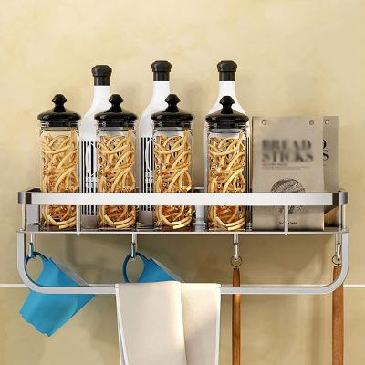 GAZOGJ Wall Mounted Spice Rack,304 Stainless Steel Hanging Spice Shelf With Towel Bar And Hooks Kitchen Storage Racks For Kitchen Wall,Silver-50cm