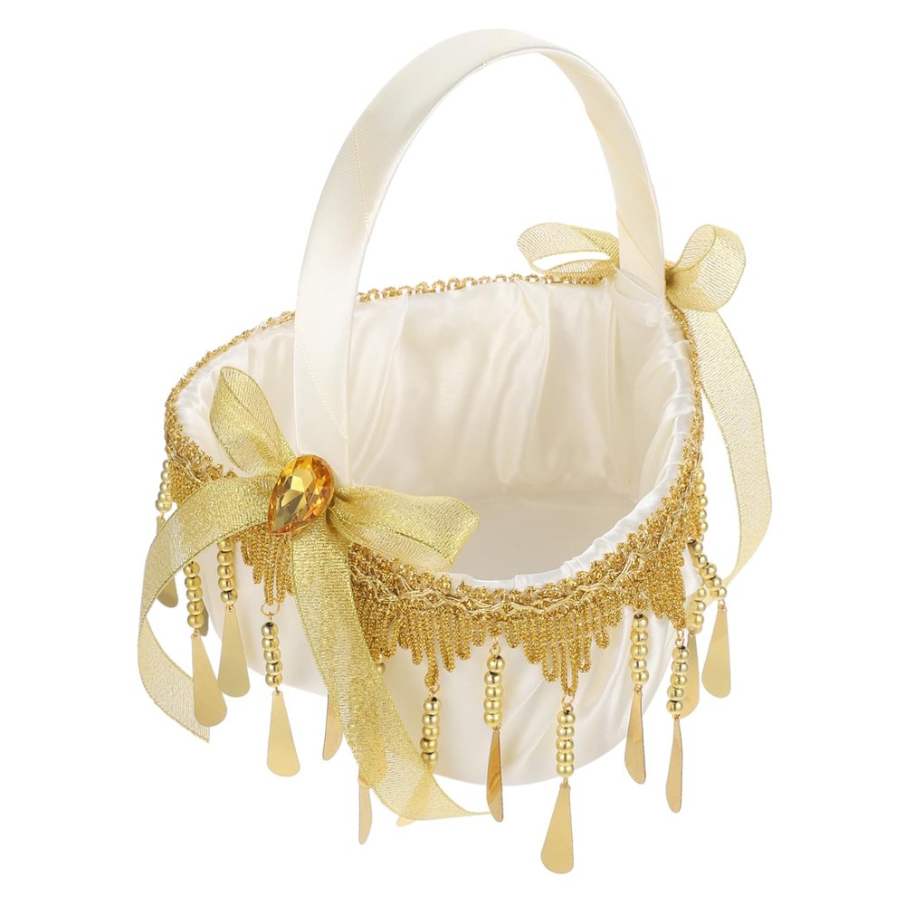 Heart Shaped Flower Girl Basket with Lace Bowknot for Wedding Ceremonies