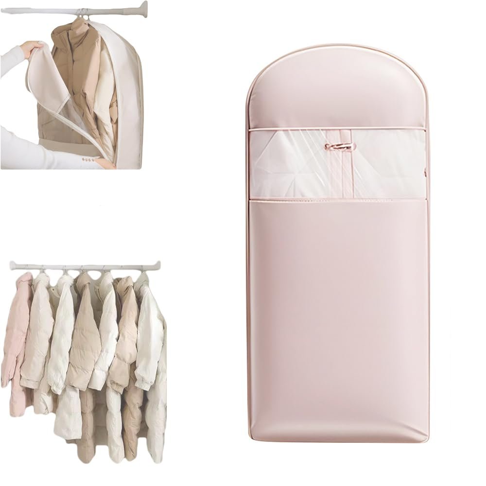 2025 Space Saving Hanging Garment Bag with Self Compression Zipper, Upgrade Dust Cover Clothes Bags for Down Coat, Closet Organizers Heavy Duty Garment Bag Winter Coat Storage (Pink, Large)