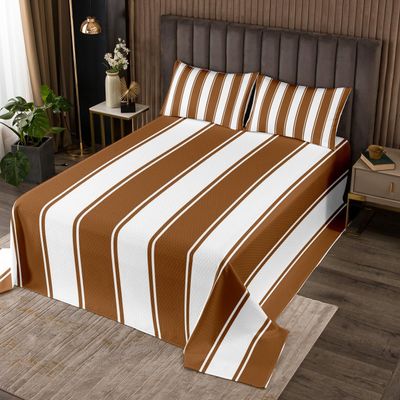 Brown Stripe Bedspread Twin Size, Stripes Lines Patchwork Coverlet Set 2pcs, Abstract Geometric White and Brown Quilted Coverlet with 1 Pillowcase, Kids Boys Girls Room Decor, Soft Bedding Quilt