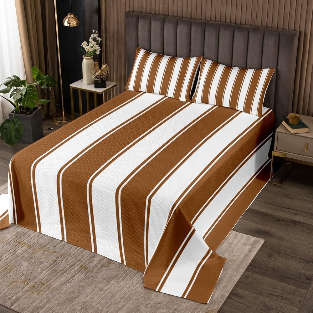 Brown Stripe Bedspread Twin Size, Stripes Lines Patchwork Coverlet Set 2pcs, Abstract Geometric White and Brown Quilted Coverlet with 1 Pillowcase, Kids Boys Girls Room Decor, Soft Bedding Quilt