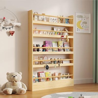 Wall Mounted Storage Pegboard,Solid Wood 5 Tier Kids Bookshelf Tower with Guardrails Wall Mounted Multi Layered Storage for Bedroom or Classroom 70cm Height Wood Color