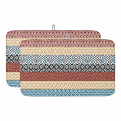 Bohemian Drying Mats for Kitchen Counter 2 Pcs, Blue Red Black Geometric Stripes Microfiber Absorbent Dish Drainer/Rack Mat,Reversible Hangding Quick Drying kitchen Decor,18x24 Machine Washable