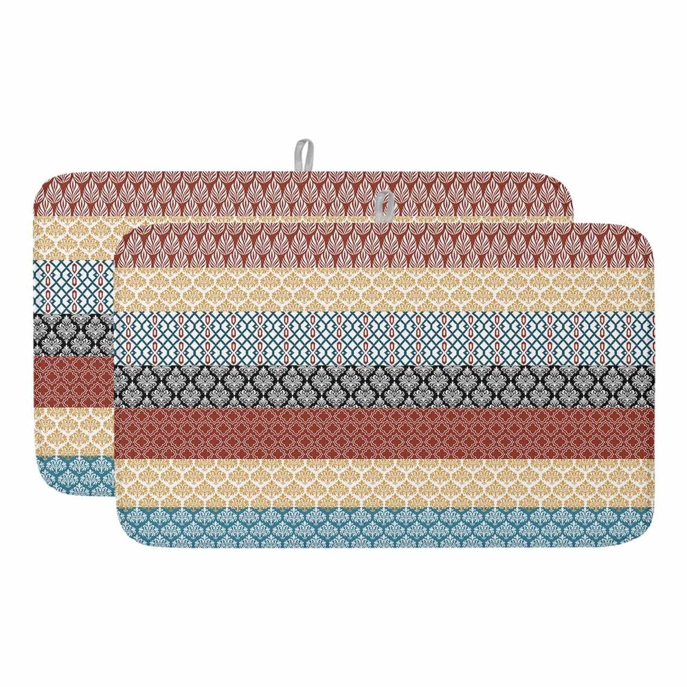Bohemian Drying Mats for Kitchen Counter 2 Pcs, Blue Red Black Geometric Stripes Microfiber Absorbent Dish Drainer/Rack Mat,Reversible Hangding Quick Drying kitchen Decor,18x24 Machine Washable
