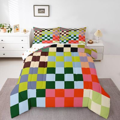Feelyou Multicolored Checkered Retro Bedding Set Kids Boys Girls Geometric Vintage Comforter Set Full Size Green Red Yellow Colorful Duvet Insert Modern Simple Groovy Aesthetic Room Decor