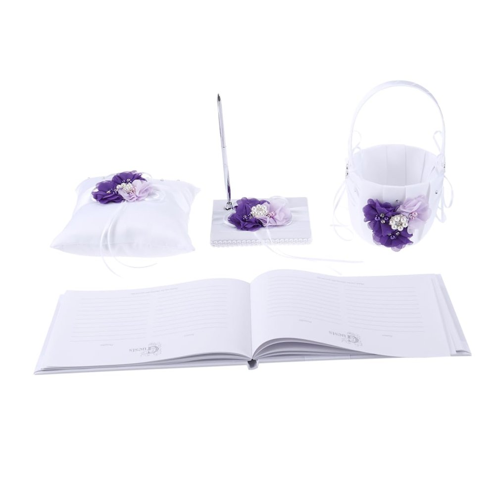 Alipis Wedding Ring Pillow and Flower Basket Set, 4pcs Satin