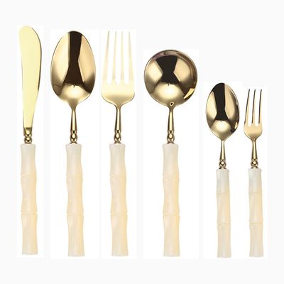 Acrylic Handle Kitchen Stainless Steel Silverware Tableware Flatware Cutlery Set Steak Knife Fork Spoon Teaspoon (Beige white gold,Round knife - 6 pieces)