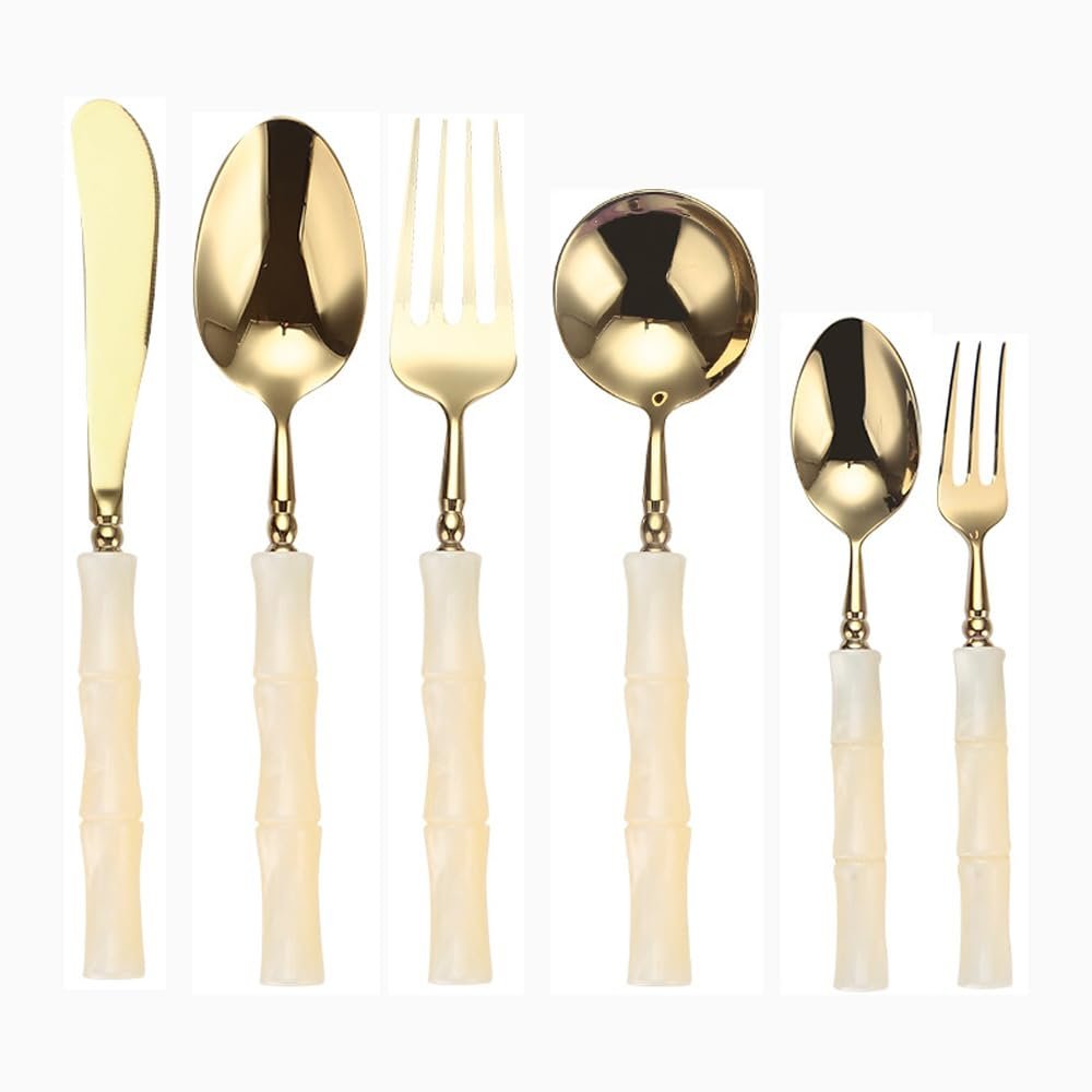 Acrylic Handle Kitchen Stainless Steel Silverware Tableware Flatware Cutlery Set Steak Knife Fork Spoon Teaspoon (Beige white gold,Round knife - 6 pieces)