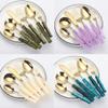 Acrylic Handle Kitchen Stainless Steel Silverware Tableware Flatware Cutlery Set Steak Knife Fork Spoon Teaspoon (Beige white gold,Round knife - 6 pieces) view 3