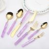 Acrylic Handle Kitchen Stainless Steel Silverware Tableware Flatware Cutlery Set Steak Knife Fork Spoon Teaspoon (Beige white gold,Round knife - 6 pieces) view 4