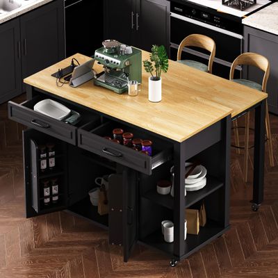 47" Kitchen Island with Extendable Dining Table, Rubber Wood Veneer Kitchen Table with Internal Storage Rack & Power Outlet, Kitchen Cart on Wheels with Storage 2 Drawers 2 Cabinet (Black-03)