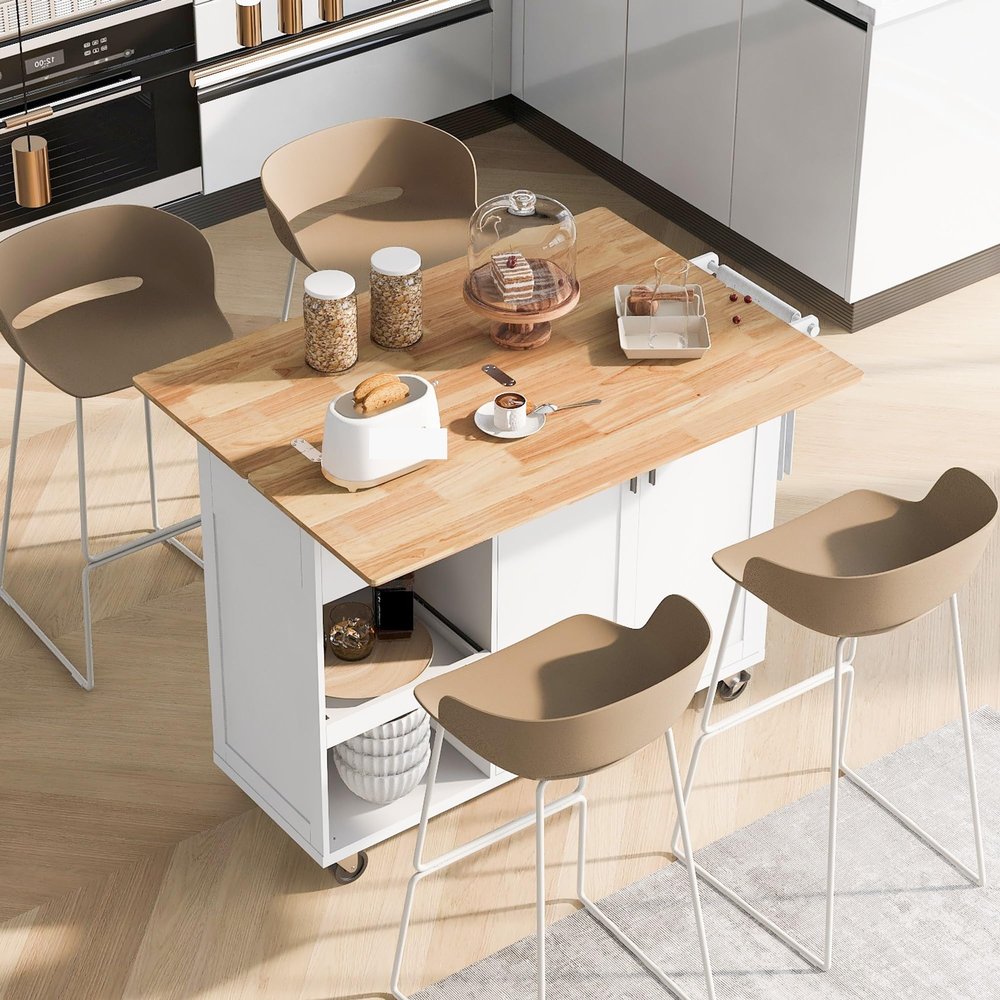 Kitchen Island with Foldable Counter Top, Storage Cart Slide-Out Shelf, Towel Rack and Drawer, Rolling On Wheels, for Kitchen, Living Room, Dining Room