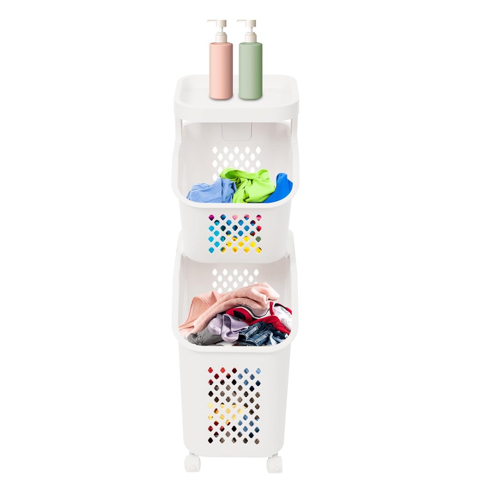 2-Tier Rolling Laundry Cart with Wheels, Stackable Vertical Laundry Sorter & Organizer for Bathroom, Bedroom, and Laundry Room (2-Tier)