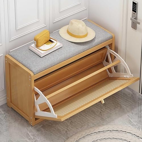 Entryway Hallway Storage Shoe CabinetShoe Storage Bench with Rattan Drawers - Slim Bamboo Organizer Cabinet for Entryway, Closet; Space-Saving Closed Shoe Rack