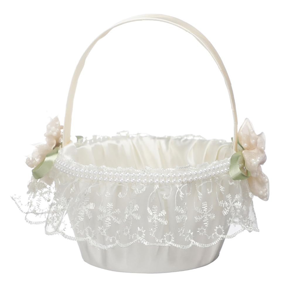 Wedding Flower Girl Basket with Cute Handle, Satin Flower Baskets for