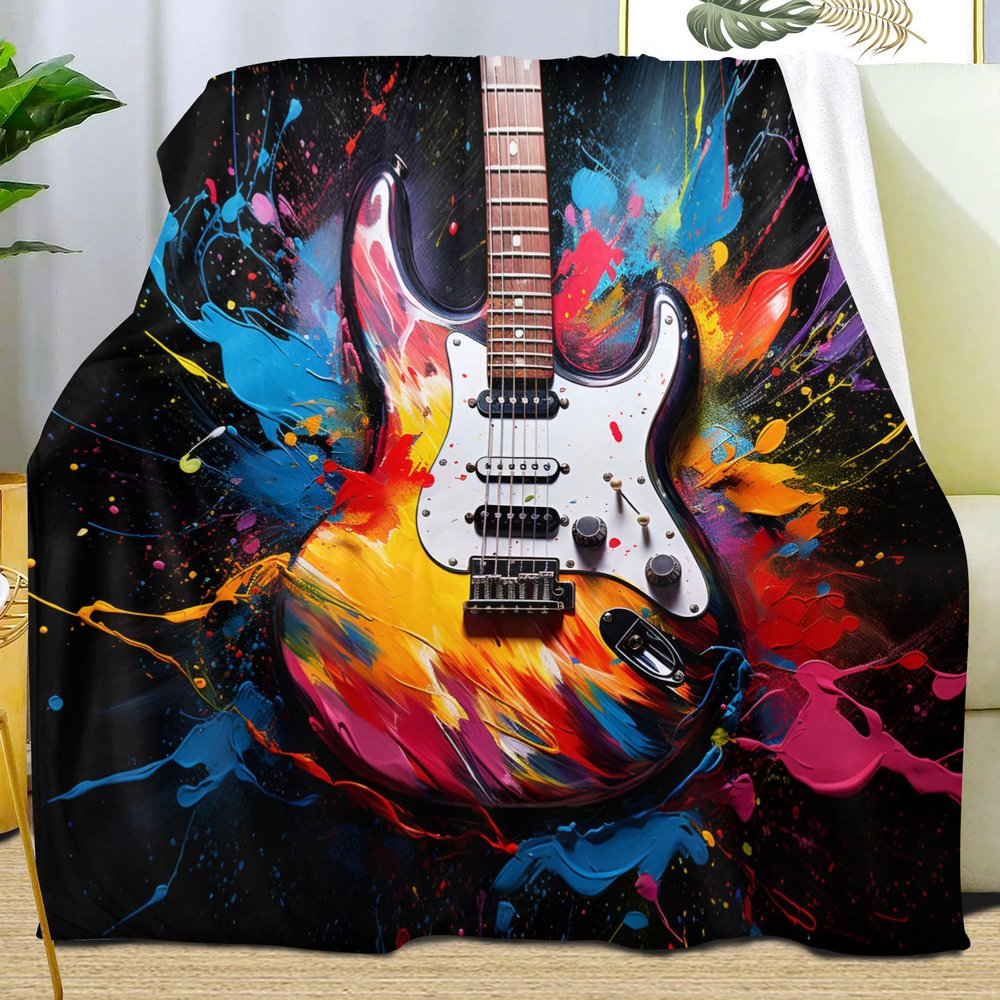 Graffiti Guitar Throw Blanket, Hip-Hop Style Blankets for Couch Sofa, Super Soft Cozy Plush Flannel Blanket, Rock Music Guitar Blankets and Throws for Adults Camping Travel 50" x 60"