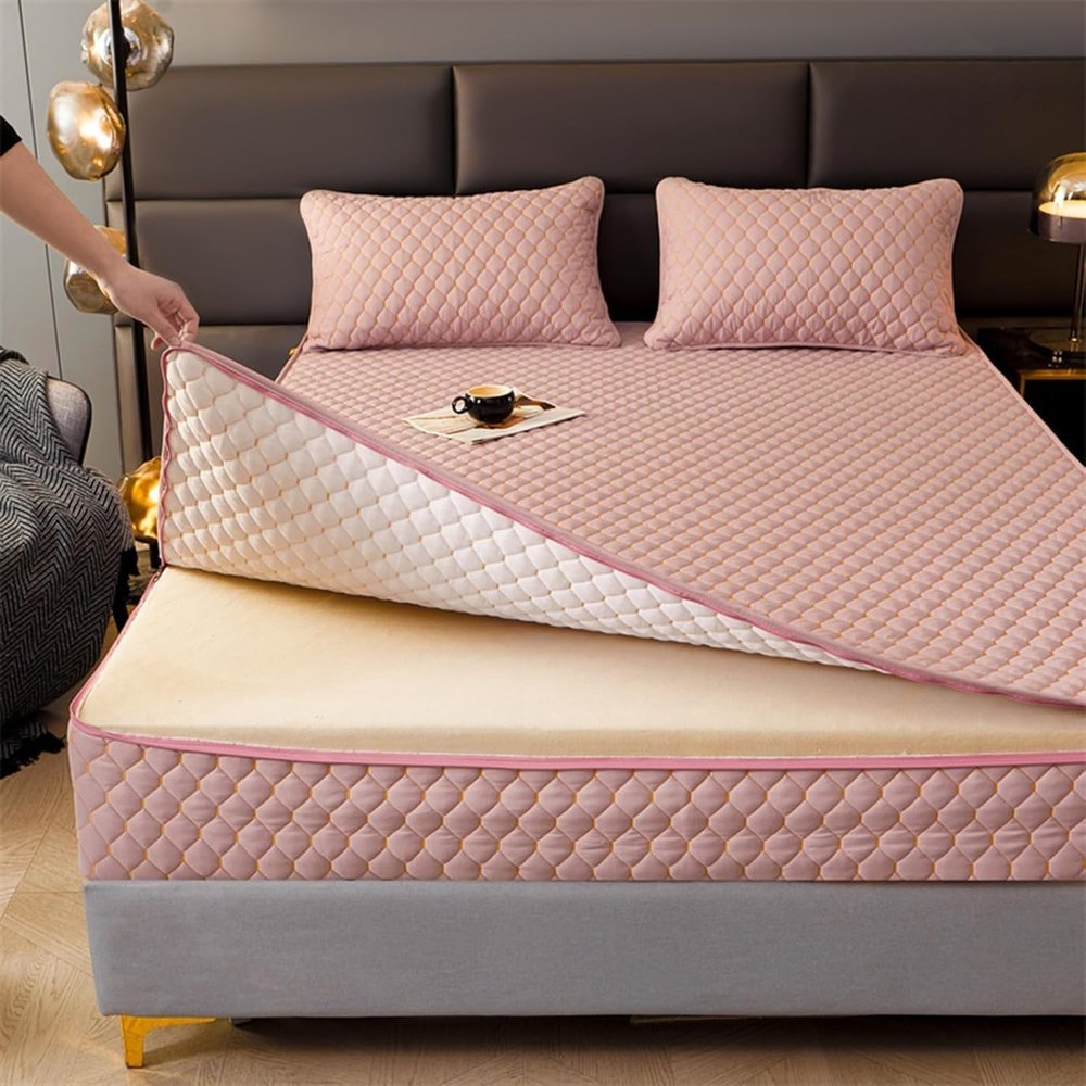 Customizable Quilted Mattress Protector Cover360 Zip Up Sheet Double/Single Mattress CoverTopper Washable Breathable Anti-dust-Pink- 135x200+10cm