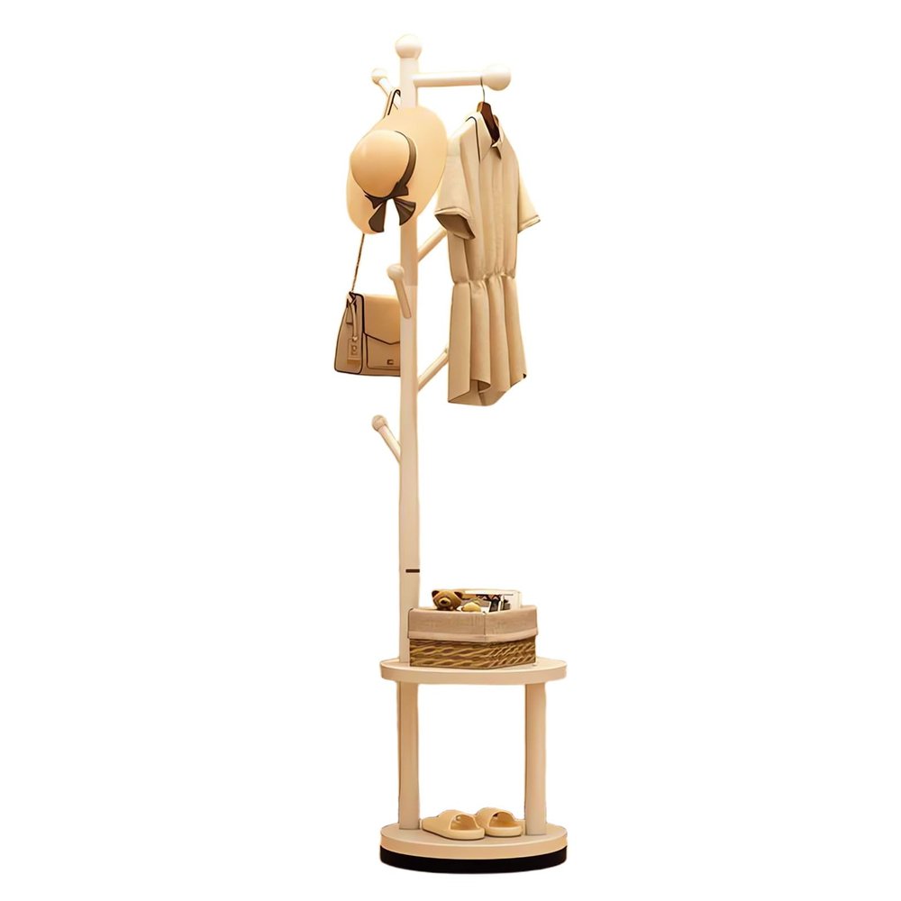 HUHJYUGE Solid Wood Coat Rack, Freestanding Coat Rack, Hall Tree Coat Rack, with 2 Tiers Shelves, Rotatable Base, Suitable for Living Room, Bedroom, Bedside, Entrance, Corridor (Creamy White)