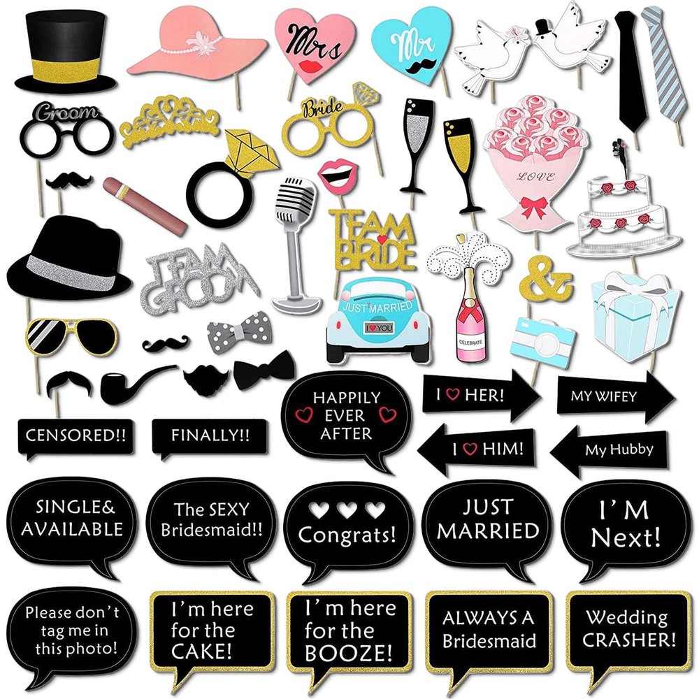 52 PCS Wedding Photo Booth Props Kit, Fun Bridal Shower Photo Booth Props, DIY Photoshoot Weeding Party Selfie Accessories, Silly Group Picture Favors for Wedding Reception or Anniversary