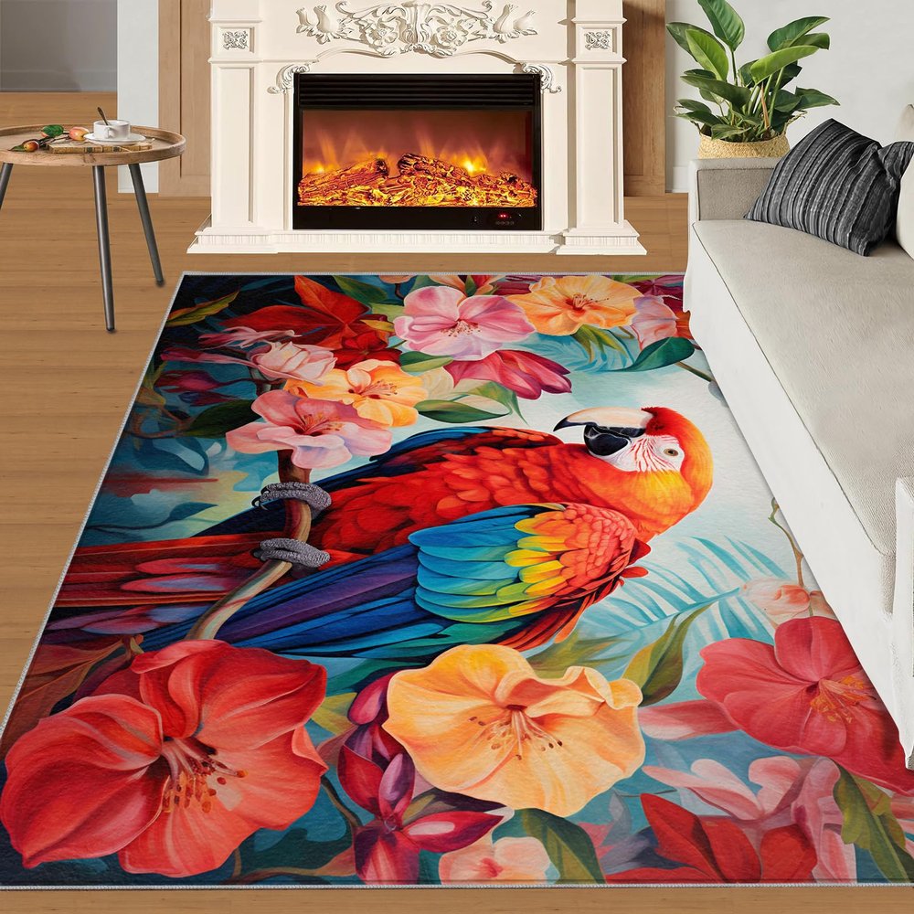 2x3 Macaw Rug - Parrot Doormat Outdoor Entrance, Tropical Avian Laundry Room Carpet Non Slip Accent Throw Rugs for Bathroom Kitchen Sink Front Door