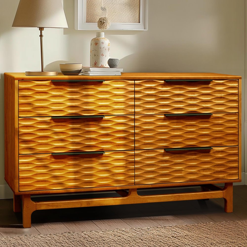 Acacia Elara 6 Drawer Dresser for Bedroom  Solid Wood Chest of Drawers, 52" Wide Mid Century Modern Dresser, Wood Drawer Organizer for Living Room, Hallway, Entryway, Caramel Finish