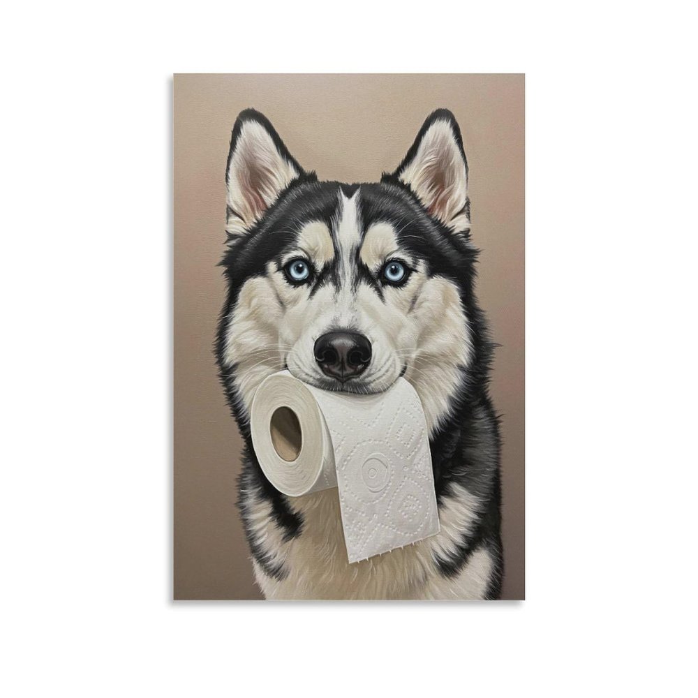 Husky with Toilet Paper Roll in Mouth, Toilet Humor, Siberian Husky Bathroom Print, Gift for Dog Lovers Canvas Wall Art Posters And Prints Room Aesthetic Bedroom Office Decor Unframe 12x18inch(30x45cm)