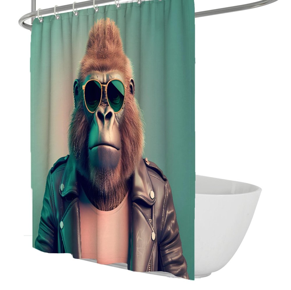 OLLIAR Home Funny Monkey Shower Curtain 36x72 Humorous Animal Gorilla Bathroom Decor Teal Polyester Thicken Fabric Bath Curtains Set with Hook