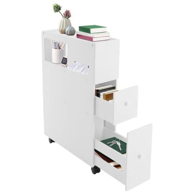 Ficwzw Narrow Floor Storage Cabinet, Free Standing Toilet Paper Holder with Slide Out Drawers, Bathroom Organize for Small Spaces, Kitchen, Laundry, Office (White)