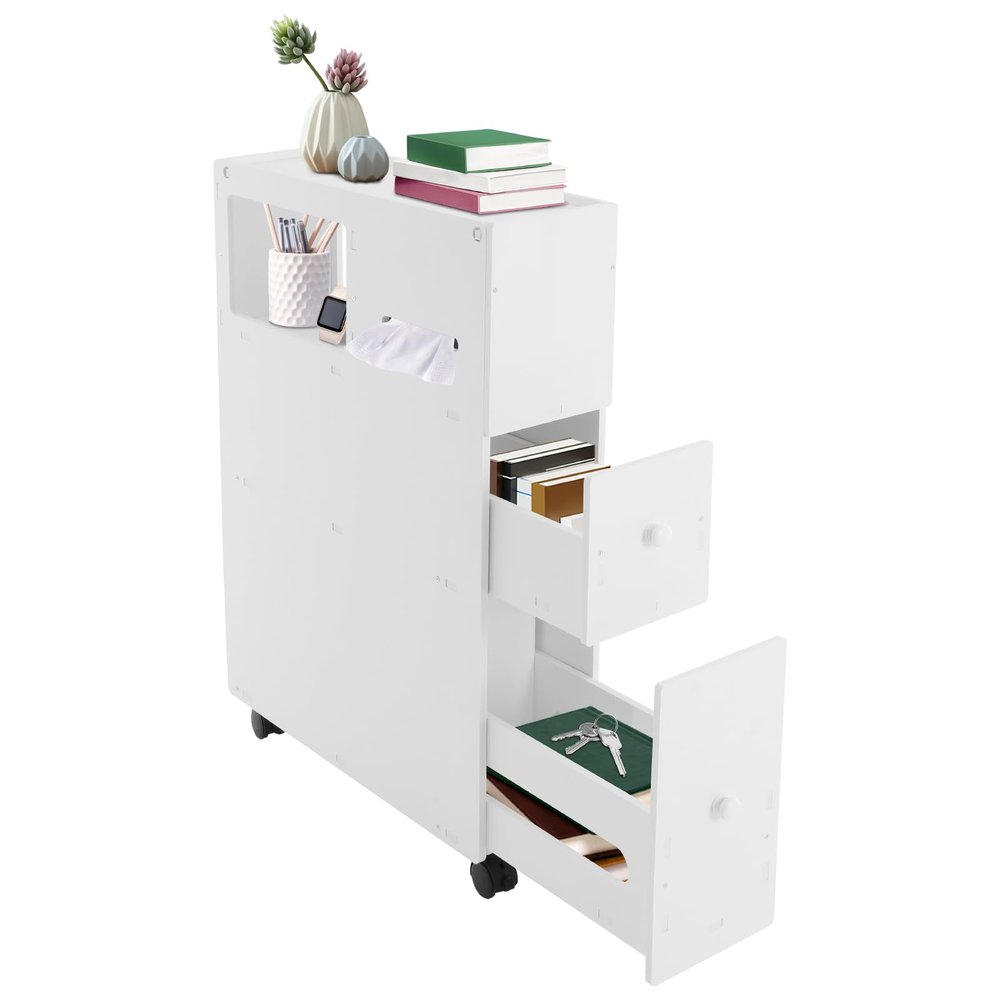 Ficwzw Narrow Floor Storage Cabinet, Free Standing Toilet Paper Holder with Slide Out Drawers, Bathroom Organize for Small Spaces, Kitchen, Laundry, Office (White)