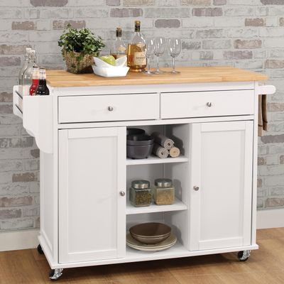 Natural and White 2 Door Kitchen Cart with 2 Drawers