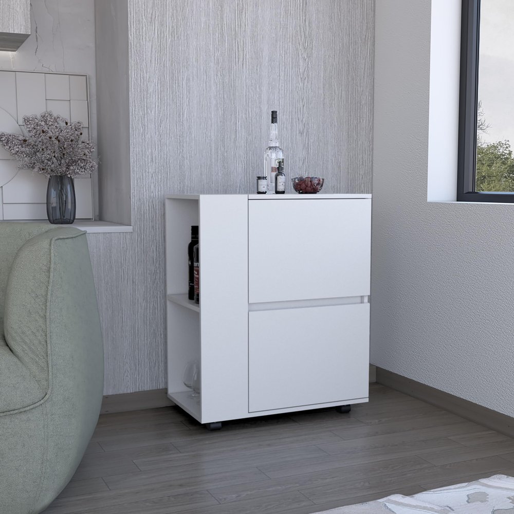Bar Cart Two Pull Down Door Cabinets and Two Open Shelves,White