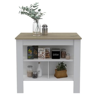 Kitchen Island, Kitchen Table 35" H, Three Open Storage Shelves, Four Legs, White,Light Oak