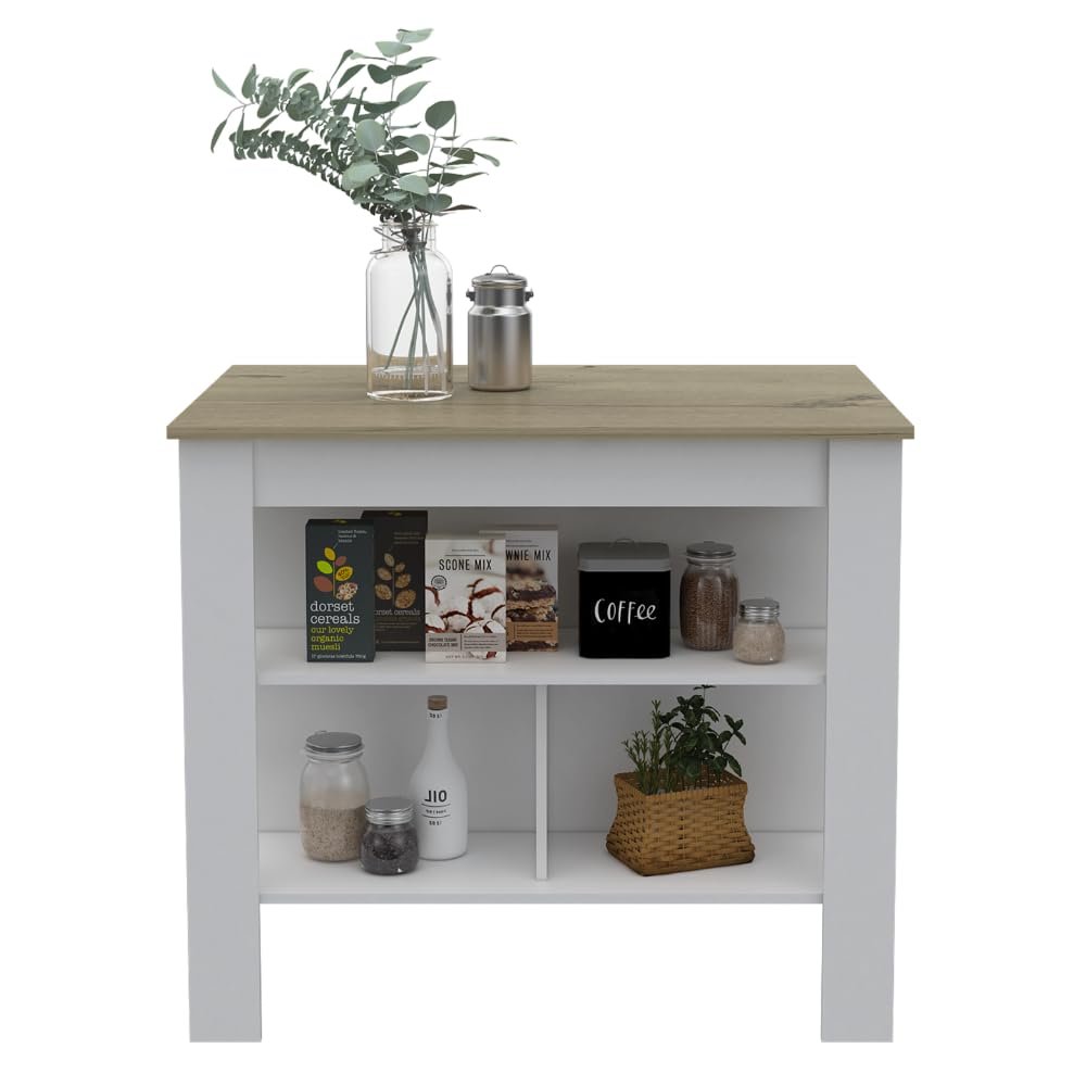 Kitchen Island, Kitchen Table 35" H, Three Open Storage Shelves, Four Legs, White,Light Oak