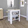 Kitchen Island, Kitchen Table 35" H, Three Open Storage Shelves, Four Legs, White,Light Oak view 2