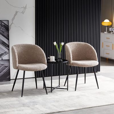 Adjust Legs Upholstered Teddy Faux Fur Dining armrest Chair Set of 2 (Light Brown)