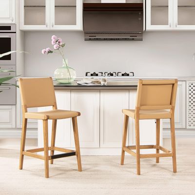 26" Farmhouse Saddle Kitchen Island Counter Stool with Back, Sunkissed Beige Leather Natural Wood