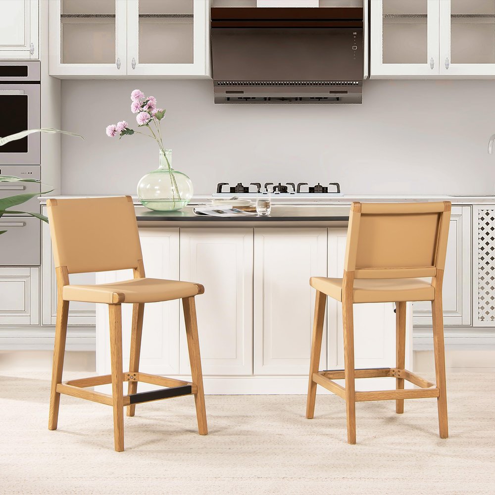 26" Farmhouse Saddle Kitchen Island Counter Stool with Back, Sunkissed Beige Leather Natural Wood