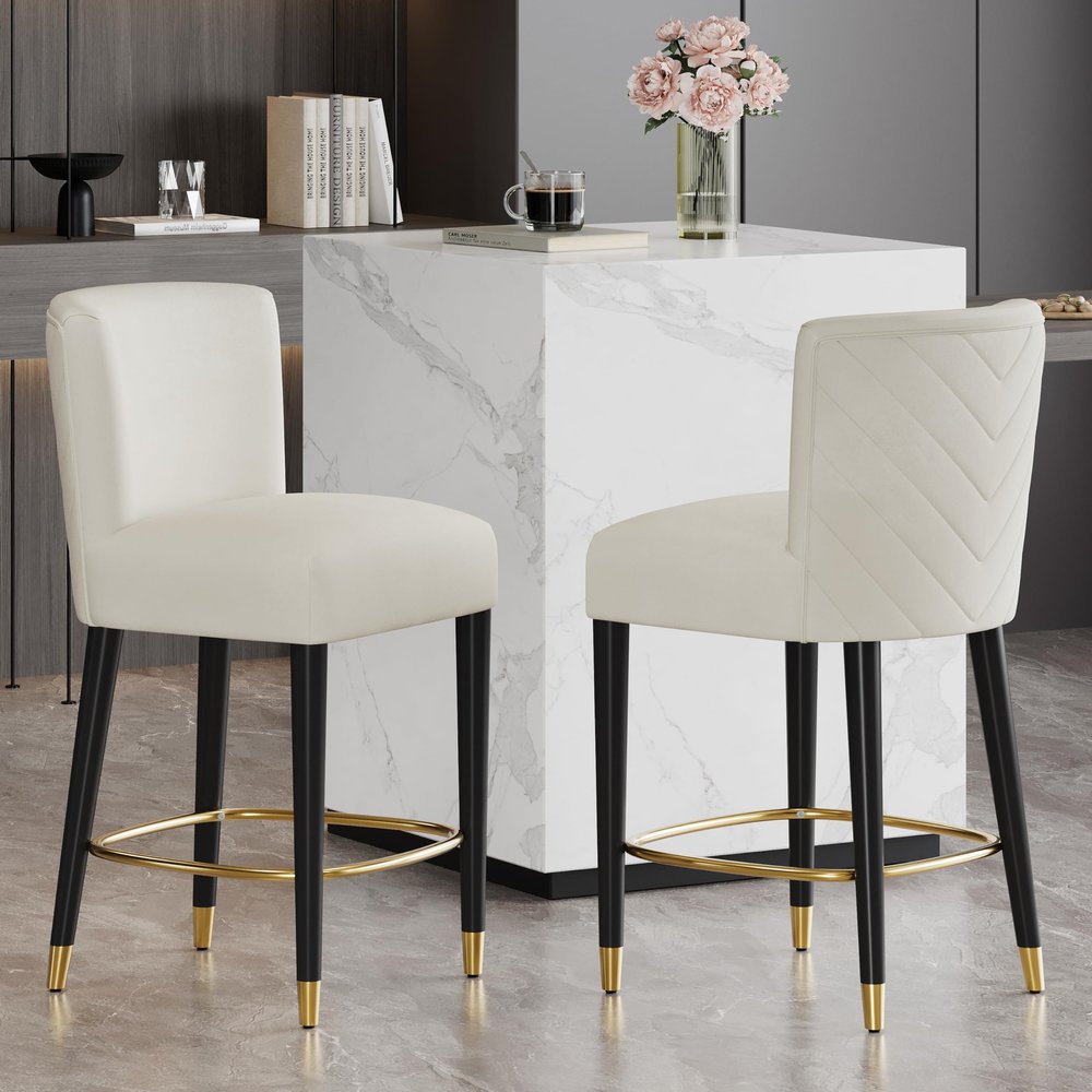 27inch counterstool, Modern Design with a Smooth, Light Colored Fabric and Circular footrest with a Gold Colored,Creates a Sophisticated and Luxurious Look Begie