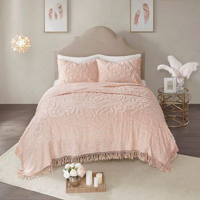 Tufted Cotton Chenille Medallion Fringe Coverlet Mini Set Blush King,Cal King