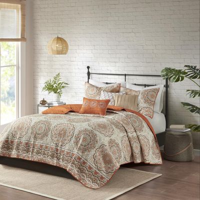 6 Pcs Reversible Quilt Set with Throw Pillows Orange King,Cal King